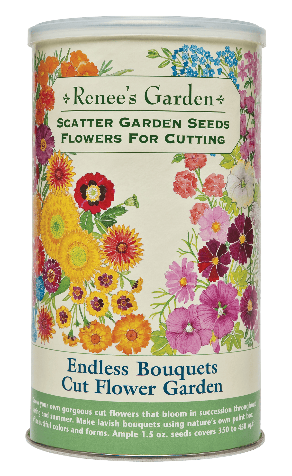 Visuel officiel de Renee's Garden associé aux semences de Mélange de fleurs Bouquet, référence RN8206. Ce mélange en boîte à semer est destiné aux fleurs coupées. Il associe des formes et des couleurs variées pour des floraisons successives. Le format annoncé contient environ 43 g (1,5 oz) pour une surface d’environ 33 à 42 m² (350 à 450 pi²).
