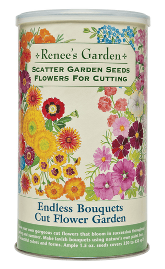 Visuel officiel de Renee's Garden associé aux semences de Mélange de fleurs Bouquet, référence RN8206. Ce mélange en boîte à semer est destiné aux fleurs coupées. Il associe des formes et des couleurs variées pour des floraisons successives. Le format annoncé contient environ 43 g (1,5 oz) pour une surface d’environ 33 à 42 m² (350 à 450 pi²).
