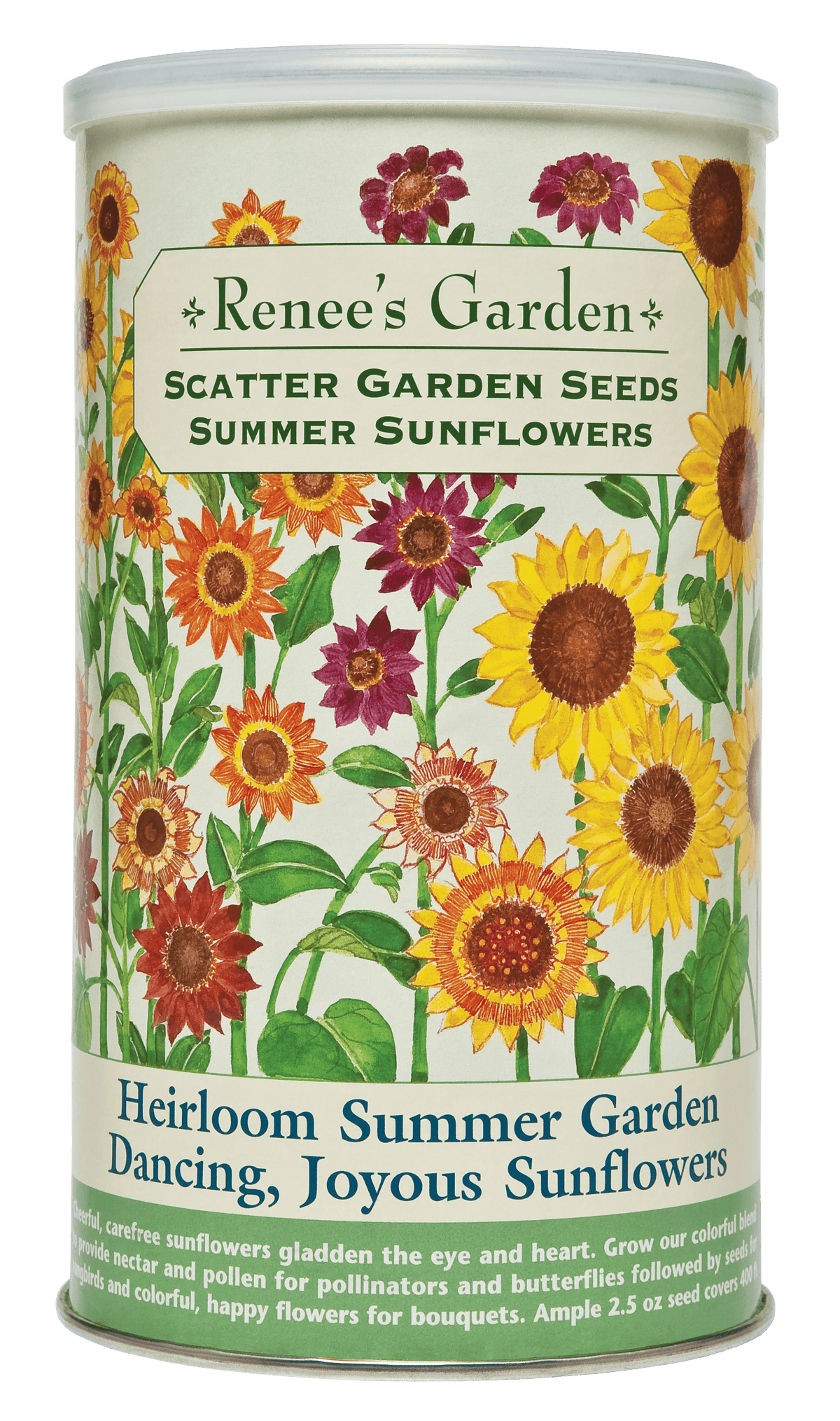 Visuel officiel de Renee's Garden associé aux semences de Mélange de tournesols Summer Sunflowers, référence RN8229. Ce mélange en boîte à semer associe Autumn Beauty, un tournesol ramifié multicolore, et Mammoth, un tournesol géant. Les fleurs accueillent les pollinisateurs et les graines mûres nourrissent les oiseaux. Le format couvre environ 37 m² (400 pi²).