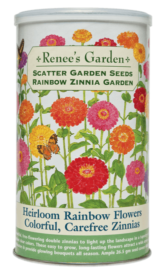 Visuel officiel de Renee's Garden associé aux semences de Zinnias en mélange Rainbow Zinnia, référence RN8230. Ce mélange en boîte à semer réunit des zinnias California Giant doubles aux couleurs variées. Les pétales nombreux forment des fleurs denses adaptées aux bouquets. Le semencier annonce une couverture d’environ 37 m² (400 pi²). Cette image accompagne la fiche de cette sélection et permet de repérer le produit correspondant dans le catalogue de semences.