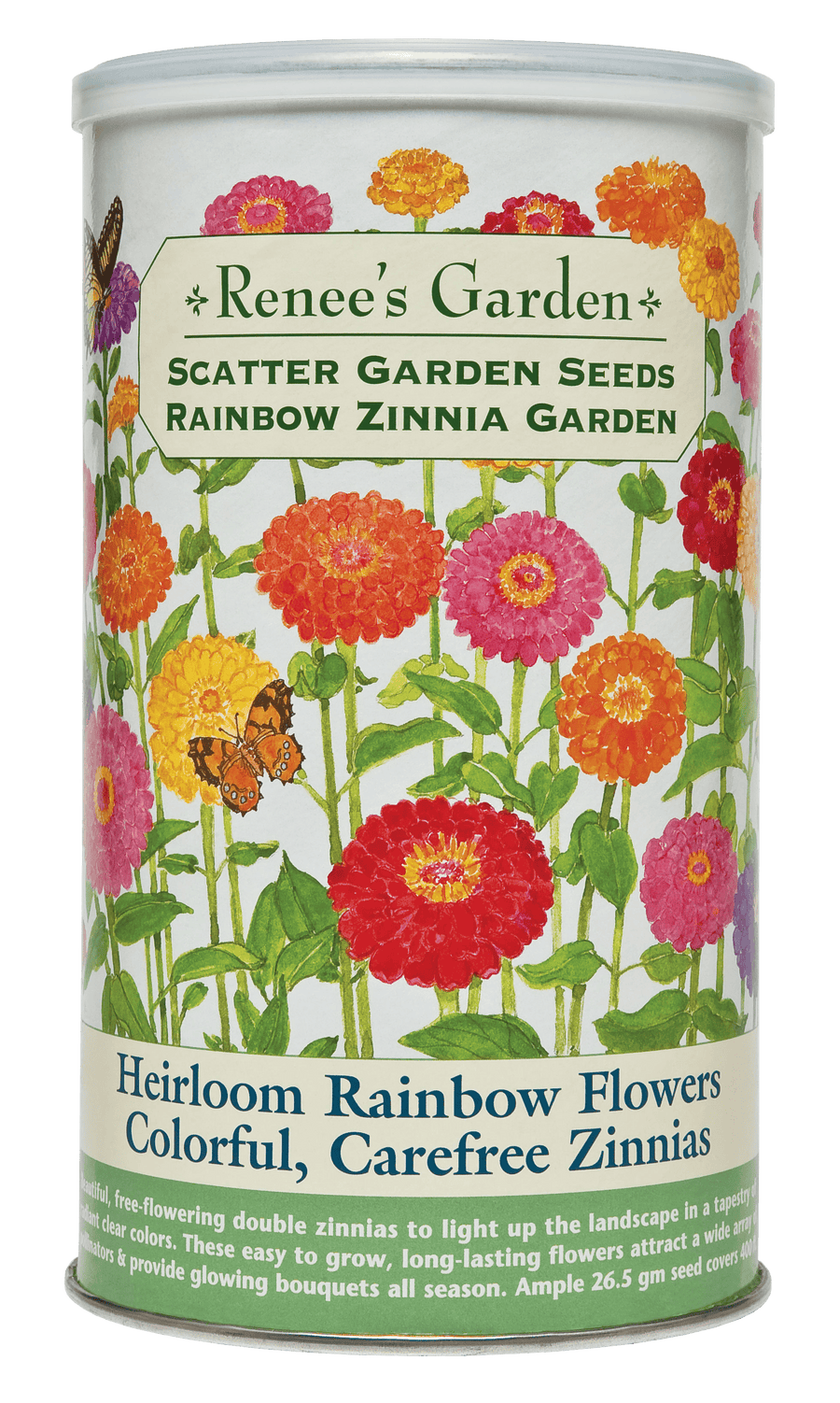 Visuel officiel de Renee's Garden associé aux semences de Zinnias en mélange Rainbow Zinnia, référence RN8230. Ce mélange en boîte à semer réunit des zinnias California Giant doubles aux couleurs variées. Les pétales nombreux forment des fleurs denses adaptées aux bouquets. Le semencier annonce une couverture d’environ 37 m² (400 pi²). Cette image accompagne la fiche de cette sélection et permet de repérer le produit correspondant dans le catalogue de semences.