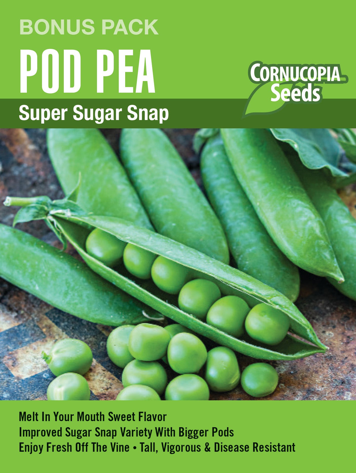 Visuel officiel de Cornucopia associé aux semences de Pois croquant ‘Super Sugar Snap’, référence CS8503. Les gousses juteuses et sucrées se consomment entières. Elles conviennent aux crudités, aux salades et aux sautés rapides. Cette référence en grand format permet de préparer une plantation plus étendue. Cette image accompagne la fiche de cette sélection et permet de repérer le produit correspondant dans le catalogue de semences.