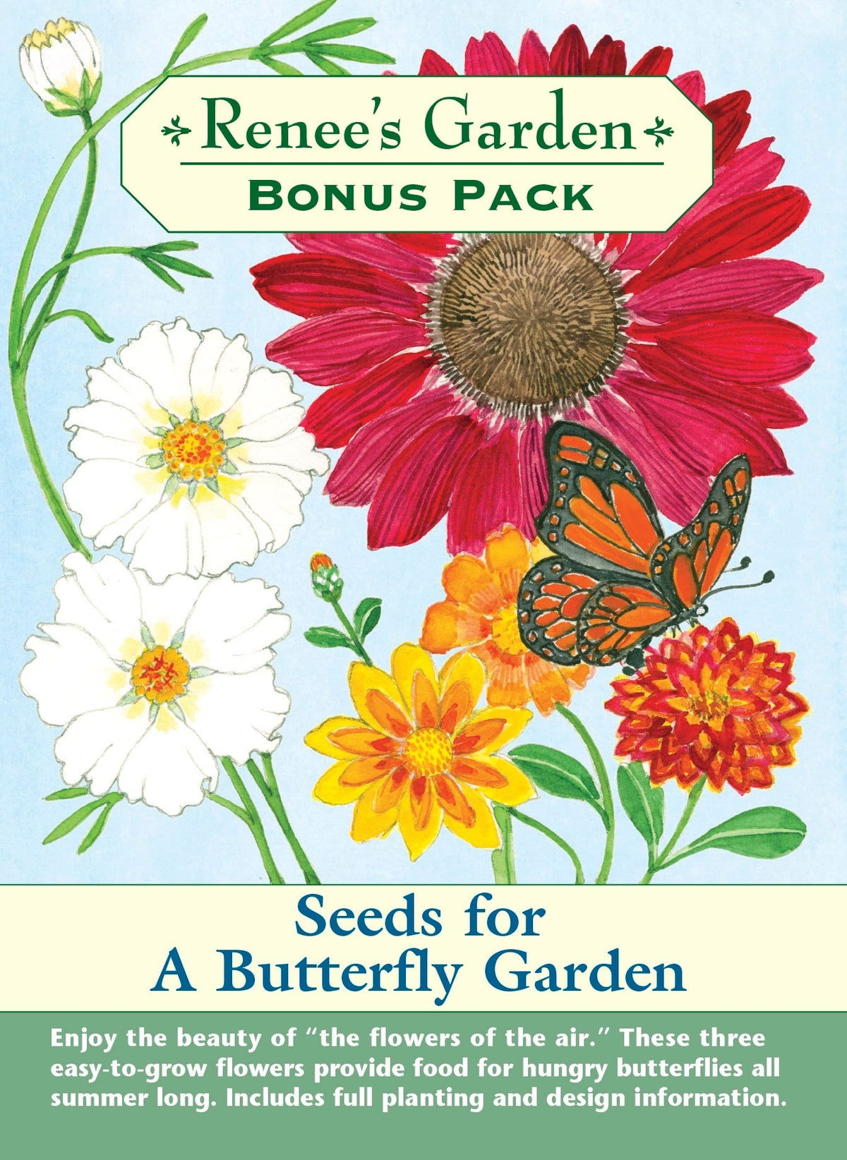 Visuel officiel de Renee's Garden associé aux semences de Trio de fleurs Butterfly Garden, référence RN8773. Cet ensemble comprend le zinnia Persian Carpet, le cosmos Purity et le tournesol Chocolate Cherry. Les trois sachets permettent d’associer des silhouettes et des hauteurs différentes. La plantation vise à offrir des fleurs et des espaces de repos aux papillons.
