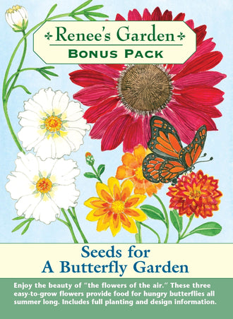 Visuel officiel de Renee's Garden associé aux semences de Trio de fleurs Butterfly Garden, référence RN8773. Cet ensemble comprend le zinnia Persian Carpet, le cosmos Purity et le tournesol Chocolate Cherry. Les trois sachets permettent d’associer des silhouettes et des hauteurs différentes. La plantation vise à offrir des fleurs et des espaces de repos aux papillons.