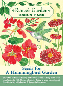 Visuel officiel de Renee's Garden associé aux semences de Trio de fleurs Hummingbird Garden, référence RN8774. Cet ensemble comprend le haricot d’Espagne Magic Beanstalk, la capucine Summer Charm et le zinnia Scarlet Flame. Leurs silhouettes et leurs fleurs permettent de composer une plantation destinée aux colibris. Un support est nécessaire pour le haricot grimpant.