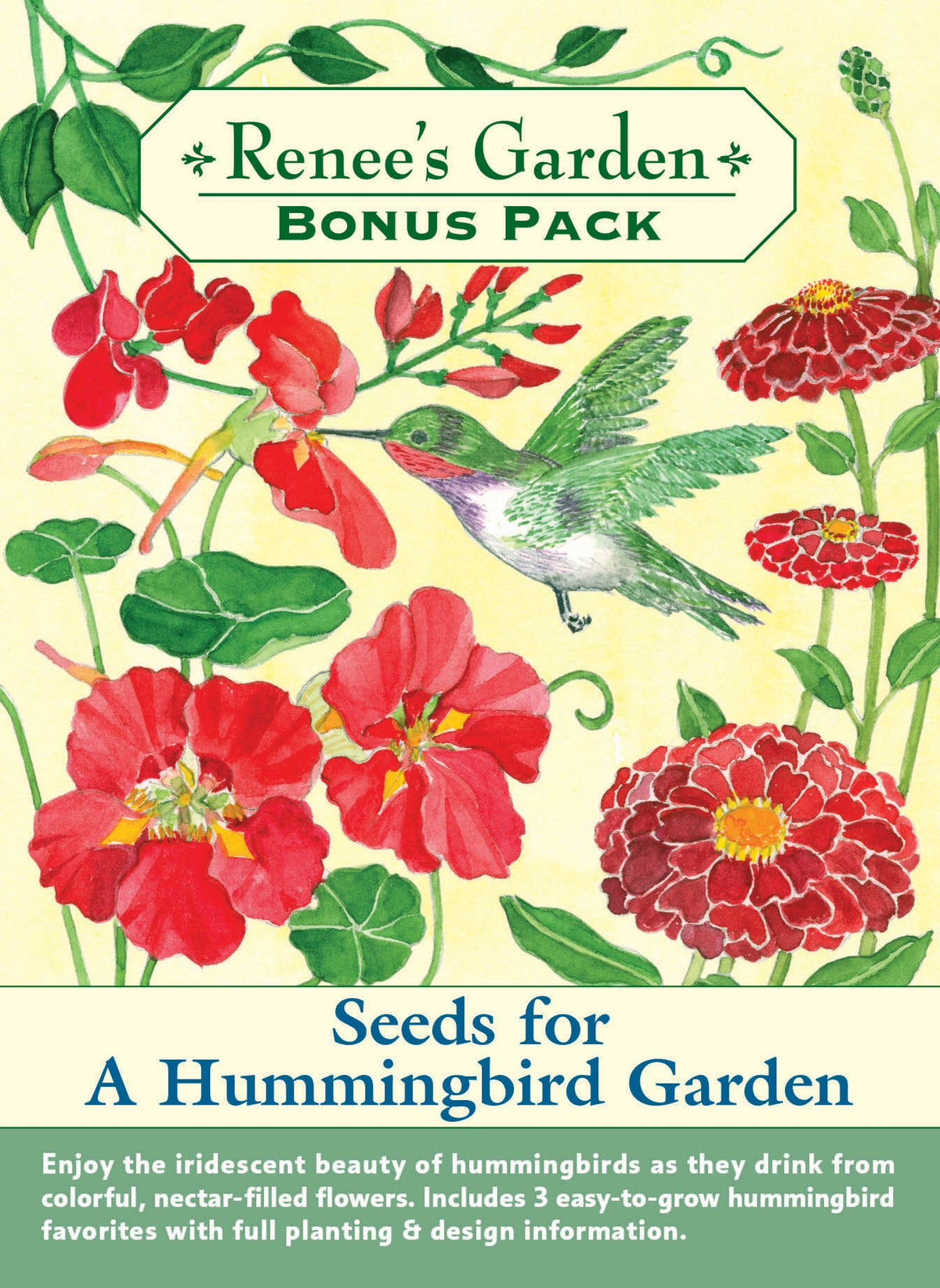 Visuel officiel de Renee's Garden associé aux semences de Trio de fleurs Hummingbird Garden, référence RN8774. Cet ensemble comprend le haricot d’Espagne Magic Beanstalk, la capucine Summer Charm et le zinnia Scarlet Flame. Leurs silhouettes et leurs fleurs permettent de composer une plantation destinée aux colibris. Un support est nécessaire pour le haricot grimpant.