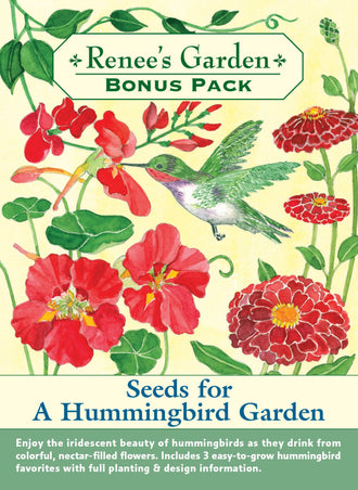 Visuel officiel de Renee's Garden associé aux semences de Trio de fleurs Hummingbird Garden, référence RN8774. Cet ensemble comprend le haricot d’Espagne Magic Beanstalk, la capucine Summer Charm et le zinnia Scarlet Flame. Leurs silhouettes et leurs fleurs permettent de composer une plantation destinée aux colibris. Un support est nécessaire pour le haricot grimpant.