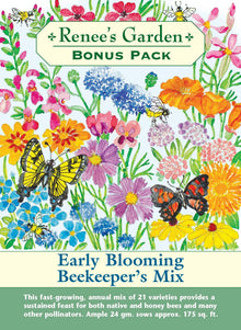 Visuel officiel de Renee's Garden associé aux semences de Mélange de fleurs Early Blooming Beekeepers Mix, référence RN8970. Ce mélange comprend notamment des soucis, des centaurées, des cosmos, des gilias, des gypsophiles, des coquelicots et des rudbeckies. La diversité des fleurs fournit du pollen et du nectar aux pollinisateurs et permet de composer des bouquets.