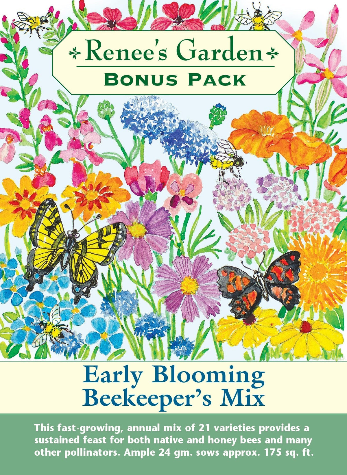 Visuel officiel de Renee's Garden associé aux semences de Mélange de fleurs Early Blooming Beekeepers Mix, référence RN8970. Ce mélange comprend notamment des soucis, des centaurées, des cosmos, des gilias, des gypsophiles, des coquelicots et des rudbeckies. La diversité des fleurs fournit du pollen et du nectar aux pollinisateurs et permet de composer des bouquets.