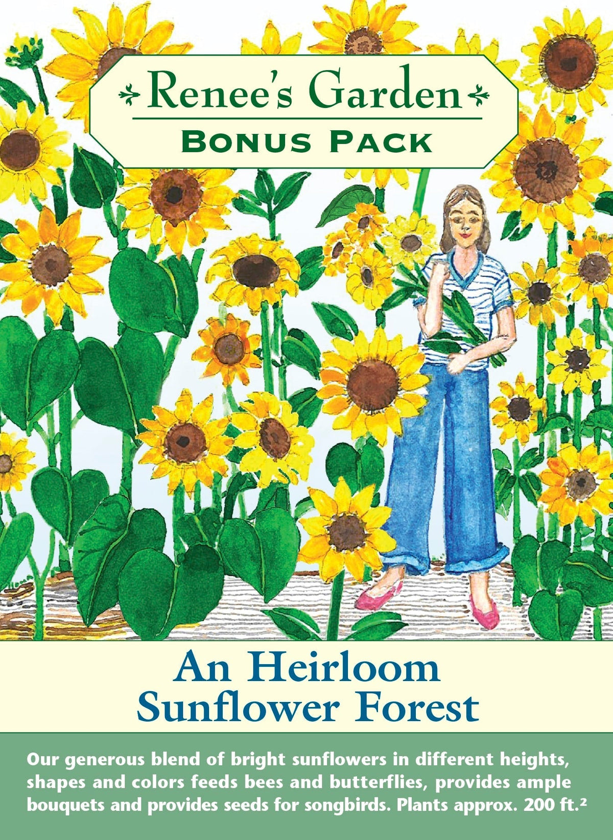 Visuel officiel de Renee's Garden associé aux semences de Mélange de tournesols A Sunflower Forest, référence RN8979. Ce mélange associe de grands tournesols à fleur principale et des tournesols ramifiés légèrement plus courts. Les hauteurs et les couleurs variées créent un ensemble étagé. Les fleurs accueillent les pollinisateurs et les capitules mûrs offrent des graines aux oiseaux.