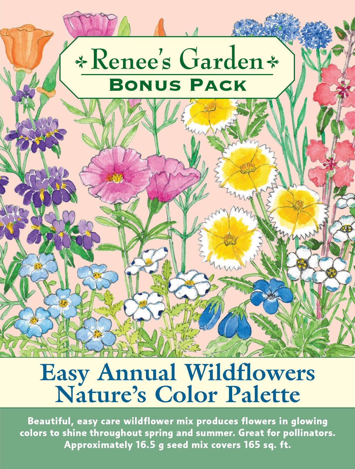 Visuel officiel de Renee's Garden associé aux semences de Mélange de fleurs Wildflower, référence RN8980. Ce mélange de fleurs annuelles comprend notamment des ibérides, des némophiles, des collinsies, des dimorphothécas, des pavots de Californie, des clarkias et des gilias. Les floraisons variées permettent de composer un massif naturel et de récolter des bouquets.
