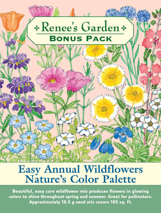 Visuel officiel de Renee's Garden associé aux semences de Mélange de fleurs Wildflower, référence RN8980. Ce mélange de fleurs annuelles comprend notamment des ibérides, des némophiles, des collinsies, des dimorphothécas, des pavots de Californie, des clarkias et des gilias. Les floraisons variées permettent de composer un massif naturel et de récolter des bouquets.