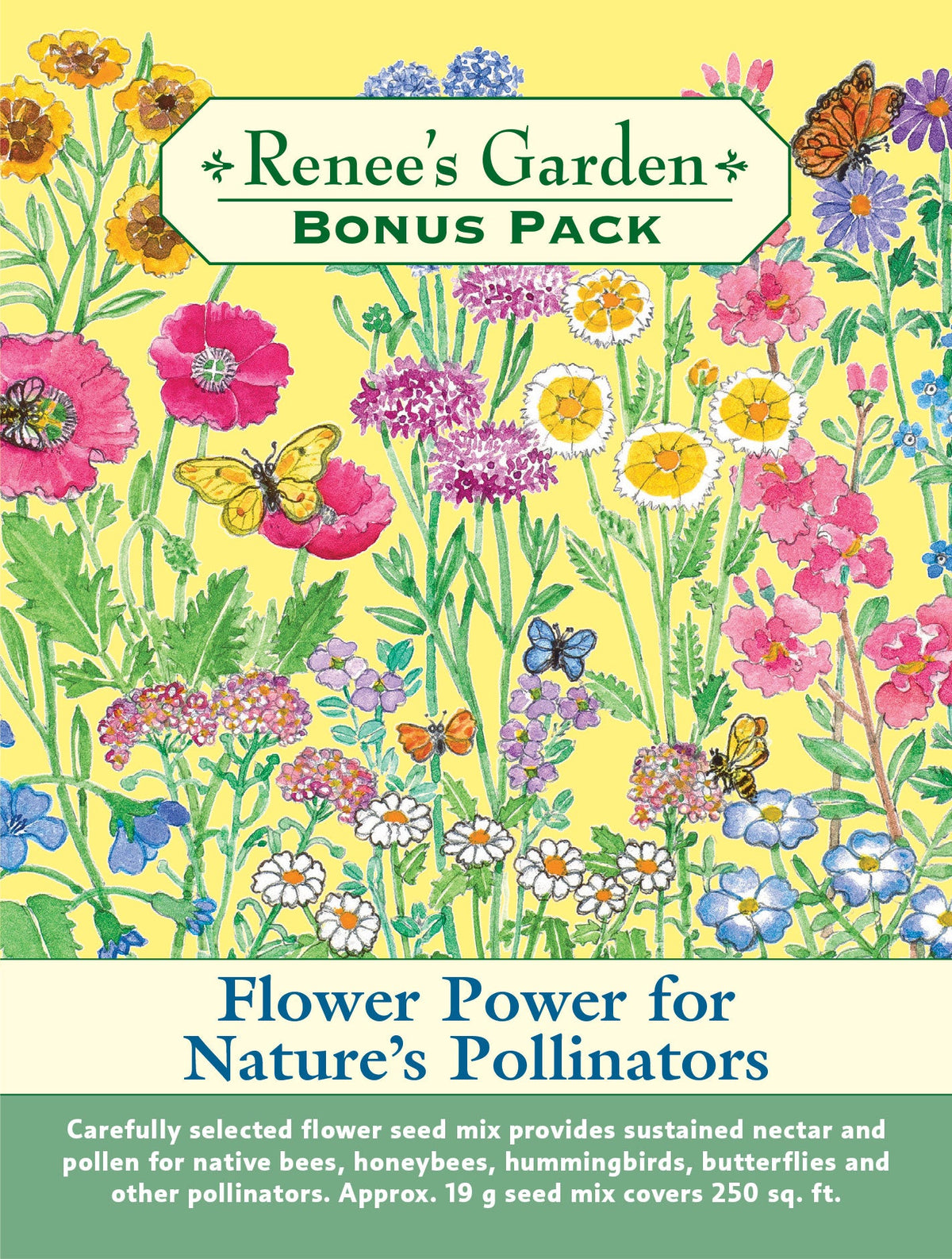 Visuel officiel de Renee's Garden associé aux semences de Mélange de fleurs Pollinator, référence RN8981. Ce mélange réunit notamment des cynoglosses, des némophiles, des asters de Chine, des centaurées, des coquelicots, des résédas et des phacélies. La succession des floraisons fournit des ressources aux pollinisateurs et des tiges pour les bouquets.