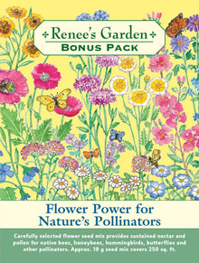 Visuel officiel de Renee's Garden associé aux semences de Mélange de fleurs Pollinator, référence RN8981. Ce mélange réunit notamment des cynoglosses, des némophiles, des asters de Chine, des centaurées, des coquelicots, des résédas et des phacélies. La succession des floraisons fournit des ressources aux pollinisateurs et des tiges pour les bouquets.
