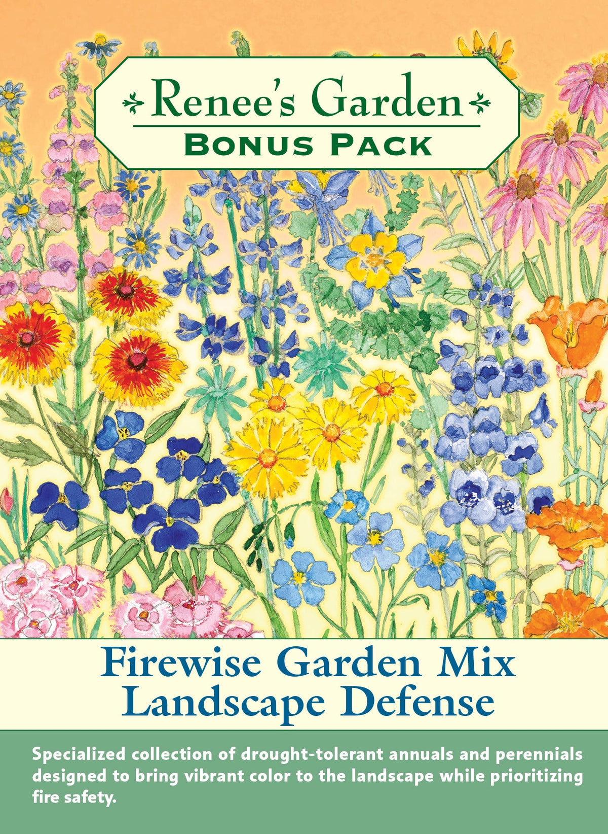 Visuel officiel de Renee's Garden associé aux semences de Mélange de fleurs Firewise Garden, référence RN8983. Ce mélange associe des annuelles et des vivaces, notamment des ancolies, des coréopsis, des échinacées, des pavots de Californie, des gaillardes et des penstémons. Leurs floraisons variées apportent de la couleur au jardin et accueillent des pollinisateurs.