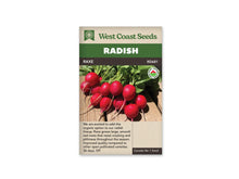 Sachet West Coast Seeds Raxe avec une botte de radis rouges sur des planches en bois. Les racines rondes à ovales portent de fines pointes, tandis que les fanes vertes s’étendent vers le haut. Un logo biologique rond apparaît dans le coin droit de la photo, sous le bandeau du nom.