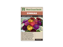 Sachet West Coast Seeds Benary’s Giant Mix montrant un bouquet serré de fleurs doubles. Les capitules sont violets, roses, rouges, jaunes, blancs et bordeaux, avec de nombreux pétales superposés. Des feuilles vertes apparaissent au bas de la photo. Le nom du mélange est inscrit dans le bandeau brun sous le titre orange.