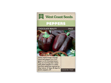 Sachet West Coast Seeds de poivron Chocolate Beauty, avec un bandeau vert pâle marqué Peppers. La photo montre de gros fruits brun foncé, lisses et lobés, avec des pédoncules verts. Du feuillage et quelques autres légumes sont visibles près du bas. Le nom Chocolate Beauty et le code PP632 figurent au-dessus de la photo.