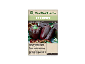 Sachet West Coast Seeds de poivron Chocolate Beauty, avec un bandeau vert pâle marqué Peppers. La photo montre de gros fruits brun foncé, lisses et lobés, avec des pédoncules verts. Du feuillage et quelques autres légumes sont visibles près du bas. Le nom Chocolate Beauty et le code PP632 figurent au-dessus de la photo.