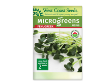 Sachet blanc West Coast Seeds pour micropousses de fenugrec, avec le nom Fenugreek en rouge sous un bandeau vert. La photographie montre des petites feuilles vert foncé sur de longues tiges pâles, couchées sur un fond blanc. Le code MG760 apparaît en haut à droite. Le logo biologique canadien et le délai de deux semaines sont visibles.