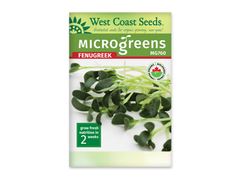 Sachet blanc West Coast Seeds pour micropousses de fenugrec, avec le nom Fenugreek en rouge sous un bandeau vert. La photographie montre des petites feuilles vert foncé sur de longues tiges pâles, couchées sur un fond blanc. Le code MG760 apparaît en haut à droite. Le logo biologique canadien et le délai de deux semaines sont visibles.