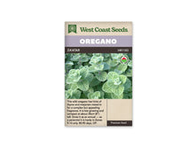 Sachet d’origan zaatar biologique West Coast Seeds présenté de face sur fond blanc. La photographie montre des feuilles gris-vert ovales, légèrement gaufrées, regroupées sur de petites tiges. Le bandeau mauve porte OREGANO, et ZAATAR apparaît sur la bande foncée. Un petit logo biologique est visible au-dessus de la description anglaise dans la partie beige inférieure.