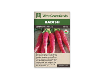 Sachet West Coast Seeds Ostergruss Rosa 2 montrant des radis rose foncé alignés sur des planches de bois. Les racines longues et effilées portent de fines marques claires, et leurs bases de tiges vertes dépassent en haut. Un logo biologique rond figure à droite, sous le bandeau brun portant le nom.