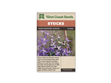 Le sachet de West Coast Seeds montre de petites fleurs lilas à quatre pétales sur des tiges fines et ramifiées. Des boutons allongés et quelques feuilles étroites apparaissent entre les fleurs. L'arrière-plan est flou, dans des tons verts et bruns. Le bandeau indique Night-Scented Stocks et la référence FL3248 au-dessus de la photographie.