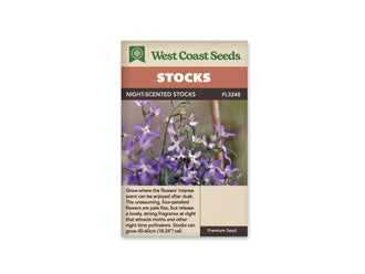 Le sachet de West Coast Seeds montre de petites fleurs lilas à quatre pétales sur des tiges fines et ramifiées. Des boutons allongés et quelques feuilles étroites apparaissent entre les fleurs. L'arrière-plan est flou, dans des tons verts et bruns. Le bandeau indique Night-Scented Stocks et la référence FL3248 au-dessus de la photographie.