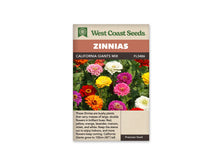Sachet West Coast Seeds California Giants Mix illustré de nombreuses fleurs de zinnia. Des capitules roses, blancs, jaunes, rouges, orange et violets se détachent sur des feuilles vertes. Plusieurs rangs de pétales entourent les centres visibles. Le nom du mélange figure dans un bandeau brun, sous le grand titre blanc sur fond orange.
