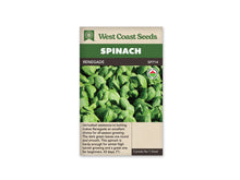 Sachet West Coast Seeds Renegade illustré d’un groupe serré de feuilles d’épinard vertes. Les feuilles ovales montrent des nervures et quelques petites gouttes d’eau. Un logo biologique rond est placé dans le haut droit de la photo. Le nom Renegade apparaît sur le bandeau brun, sous le titre Spinach blanc sur fond vert.
