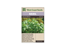 Sachet West Coast Seeds de Basilic ‘Dolce Fresca’, présenté de face sur fond blanc. La photographie centrale présente un massif dense de feuilles vertes, lisses et légèrement bombées. Les jeunes extrémités se dressent au-dessus du feuillage plus large, sans fleurs visibles. Un bandeau mauve indique BASIL, au-dessus du nom imprimé sur fond foncé. Le bas beige contient un texte descriptif en anglais.