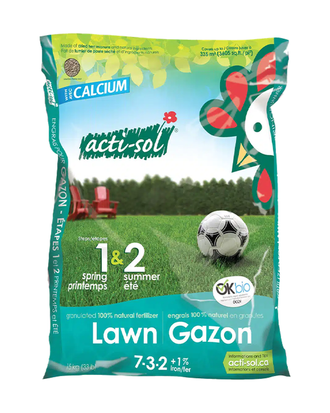 Emballage du produit « Acti-Sol Engrais Naturel Pour Gazon – Étapes 1 et 2 – Printemps Été 7-3-2 », format 15Kg