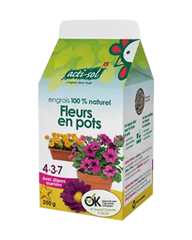 Emballage du produit « Acti-Sol Engrais Naturel à Saupoudrer – Fleurs Annuelles 4-3-7 », format 350gr