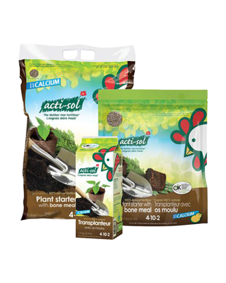 Présentation du produit « Acti-Sol Engrais Naturel 100% – Transplanteur avec Os Moulu 4-10-2 » et de ses formats offerts