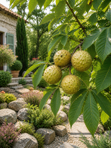 Fruits d’Aesculus glabra suspendus parmi le feuillage.