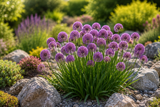 Ail ornemental ‘Party Balloons’ ( Allium ) : des touffes d’alliums à boules violettes plantées entre des pierres. Cette photographie montre le sujet de près et permet d’en observer les formes, les couleurs et la disposition. Le cadrage attire l’attention sur les éléments visibles au premier plan. Cette vue complète la présentation du produit en donnant un aperçu de son apparence à cette étape, dans la scène photographiée.