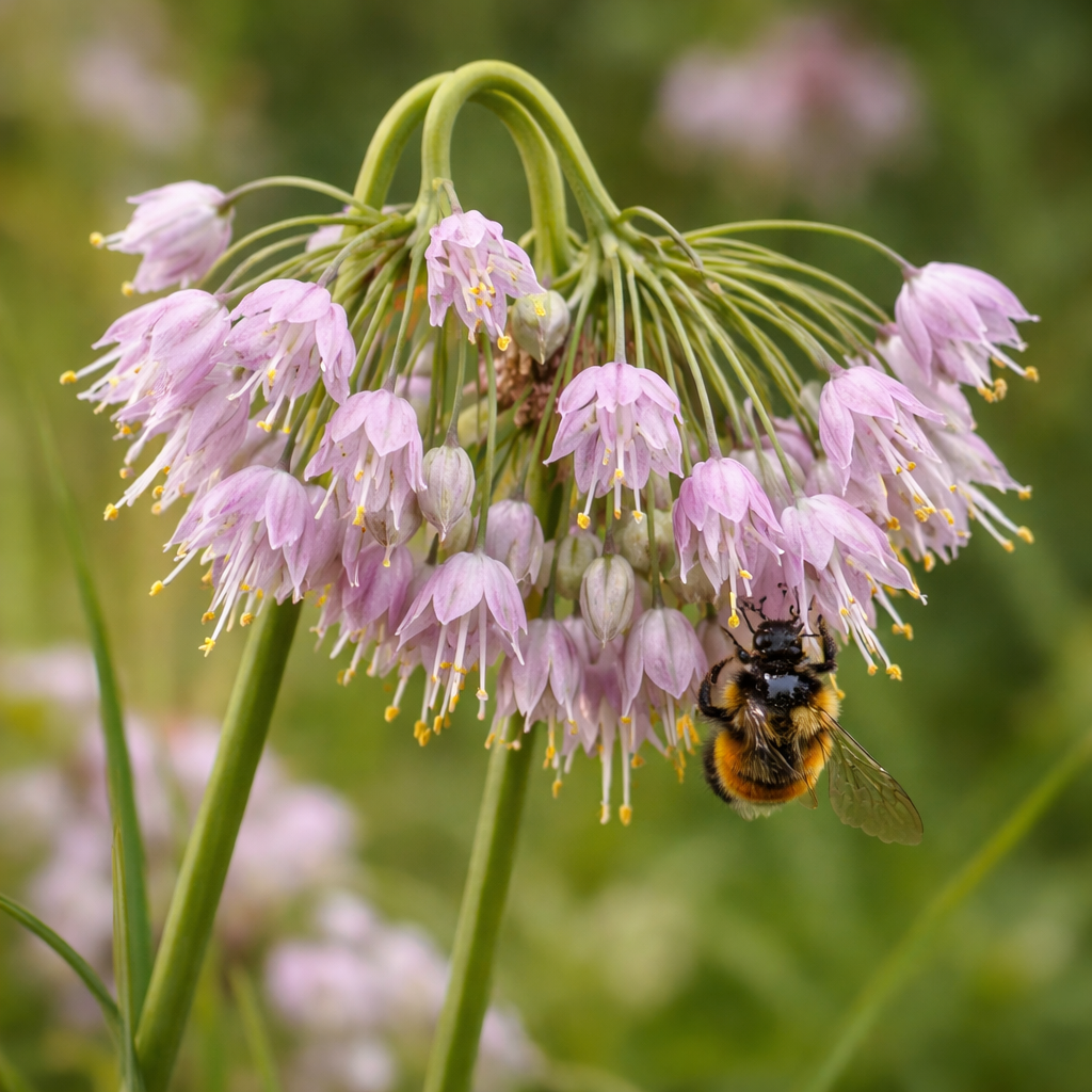 Ail penché en fleurs, plante indigène aux fleurs roses.