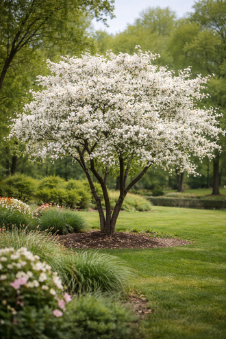 Multi-stemmed Canadian serviceberry bearing clusters of white flowers before leaf-out. This view shows <em>Amelanchier canadensis</em>, a native Zone 3 shrub or small tree reaching approximately 4.5 to 7.5 m high by 4.5 to 6 m wide (15 to 25 ft × 15 to 20 ft), with edible purple-black fruit and orange-red fall foliage.