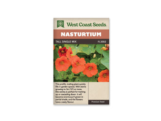 Sachet Tall Single Mix de West Coast Seeds sur fond blanc. La photo montre plusieurs fleurs orange et une fleur rouge foncé parmi des feuilles rondes vertes aux nervures pâles. Des boutons fermés dépassent du feuillage. Le bandeau orange porte Nasturtium; la bande brune indique Tall Single Mix et FL3002. Un texte descriptif occupe le bas du sachet.