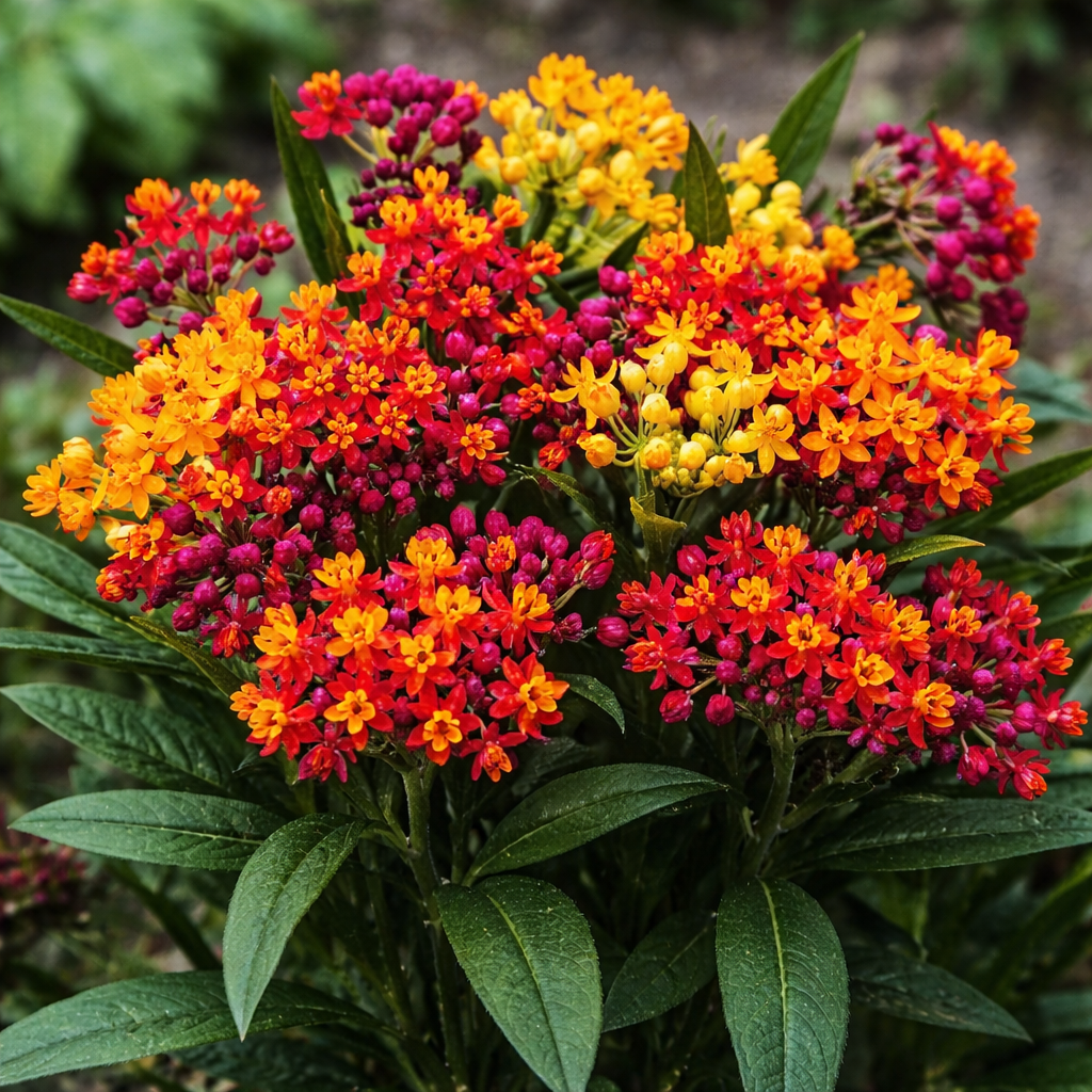 Photo de Asclépiade ‘Red Butterfly’. Asclépiade ‘Red Butterfly’ (Asclepias curassavica) forme une plante dressée et ramifiée portant des grappes de boutons qui s’ouvrent en fleurs rouge écarlate et jaune vif. Ces couleurs attirent les papillons, les abeilles et plusieurs autres pollinisateurs, tout en fournissant des tiges intéressantes pour les bouquets.