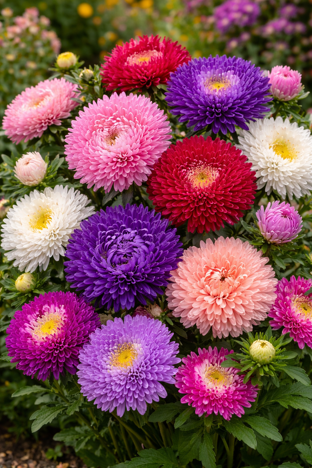 Photo de Reine-Marguerite Princess Mélange. L’image permet de reconnaître le feuillage vert, les capitules très doubles et le port adapté aux plates-bandes comme aux bouquets. La couleur caractéristique est : couleurs variées. Le visuel permet d’observer les contours, les teintes et la disposition des éléments présentés. Les détails de forme et les contrastes donnent un aperçu de l’apparence de cette plante ou de sa récolte.