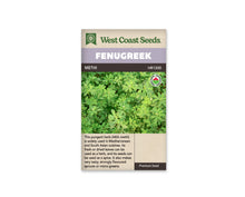 Sachet de fenugrec West Coast Seeds présenté de face sur fond blanc. La photographie montre un feuillage vert dense, composé de nombreuses petites feuilles réunies par trois. Le bandeau mauve porte le nom FENUGREEK et la bande foncée indique METHI. Un logo biologique apparaît dans l’image, au-dessus de la description en anglais sur fond beige.