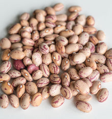 Photographie rapprochée de grains de haricot ‘Taylor Horticultural’ dispersés sur une surface claire. Les graines ovales et bombées présentent des tons beige rosé avec des stries et des taches rouge foncé. Plusieurs hiles blancs sont visibles sur leur côté. Les grains du premier plan sont nets, tandis que ceux situés vers le haut de l’image deviennent progressivement plus flous.
