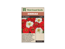 Sachet West Coast Seeds Oh, Canada! illustré d’un groupe de fleurs rouges et blanches. Les pétales forment plusieurs rangs autour de centres où apparaissent de petites touches jaunes. Les fleurs remplissent presque toute la photo. Le nom du mélange est inscrit sur un bandeau brun, entre le titre orange et l’image.