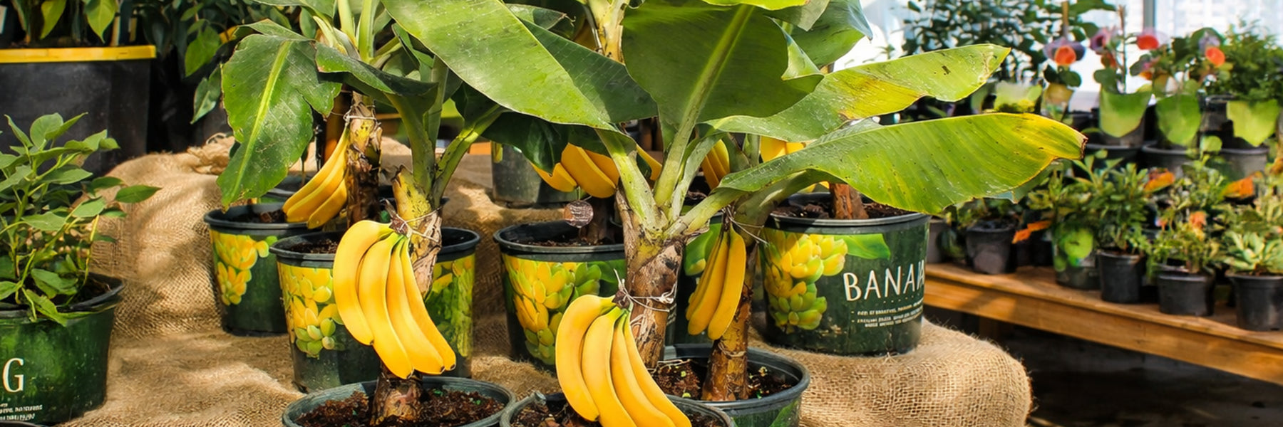 Présentation de jeunes bananiers en pot dans une serre, exposés sur une table avec plusieurs plantes tropicales en arrière-plan