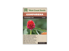Sachet Strawberry Fair de West Coast Seeds sur fond blanc. La photo montre une tête rouge vif, légèrement allongée, ponctuée de petites fleurs jaunes et pâles. Des feuilles vertes étroites et velues entourent la tige devant un fond vert flou. Le bandeau orange indique Gomphrena; la bande brune porte Strawberry Fair et le code FL4064.