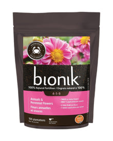 Engrais naturel pour fleurs annuelles et vivaces Bionik 4-1-9 — photo sur fond blanc