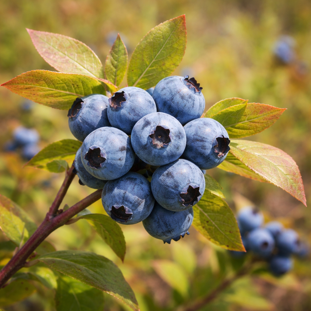 Bleuet sauvage avec feuillage vert et petits fruits bleus.