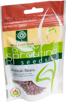 Sachet West Coast Seeds à partie supérieure rouge, avec une étiquette vert jaune portant le nom anglais Adzuki Beans. La fenêtre transparente laisse voir des graines ovales rouges. Le bas blanc de l'emballage présente le logo biologique canadien et les indications de germination. Le délai de 4 à 5 jours est visible sur le devant.